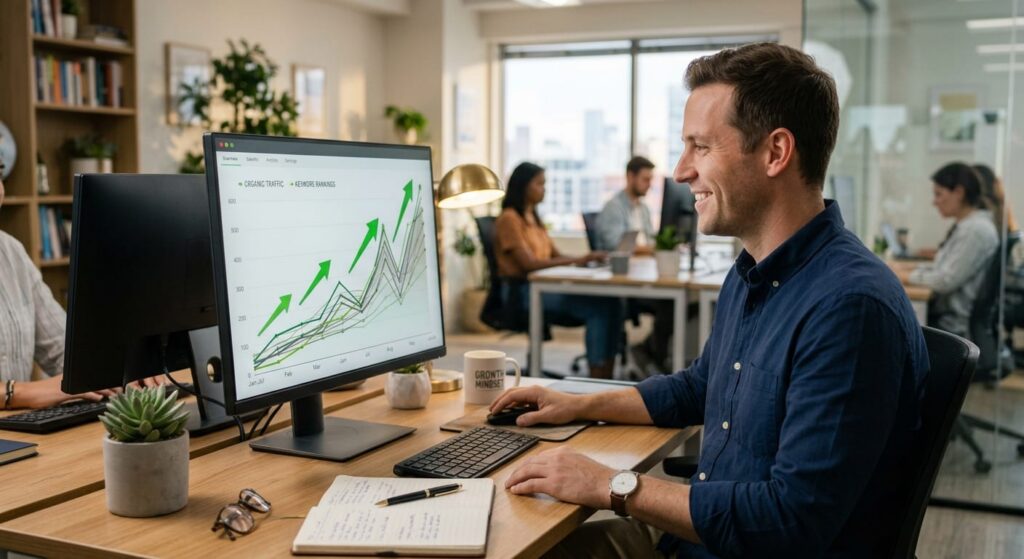 Laptop showing an SEO performance chart trending upward with a Brisbane city skyline in the background