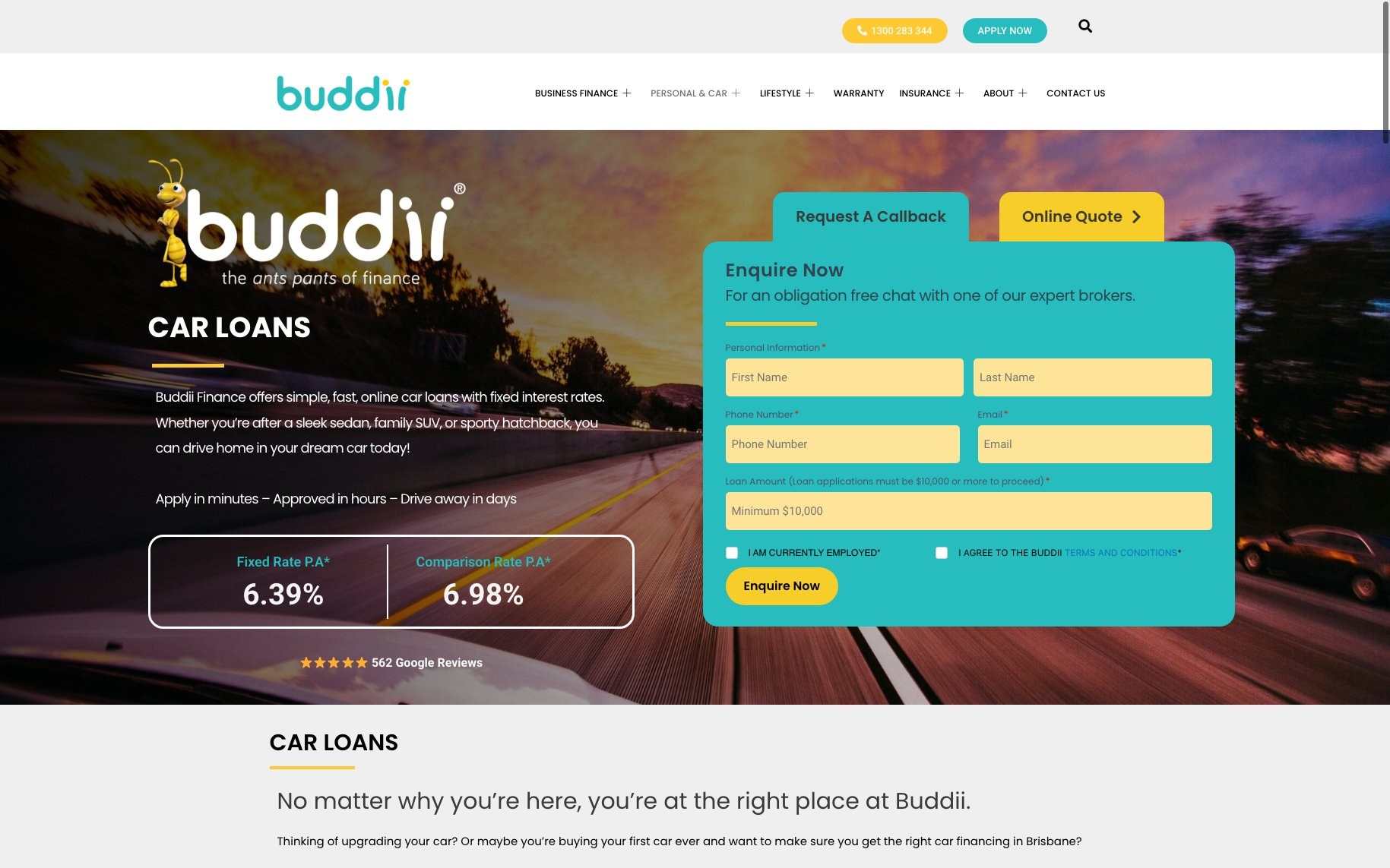 The rebuilt Buddii Finance car loans page on desktop