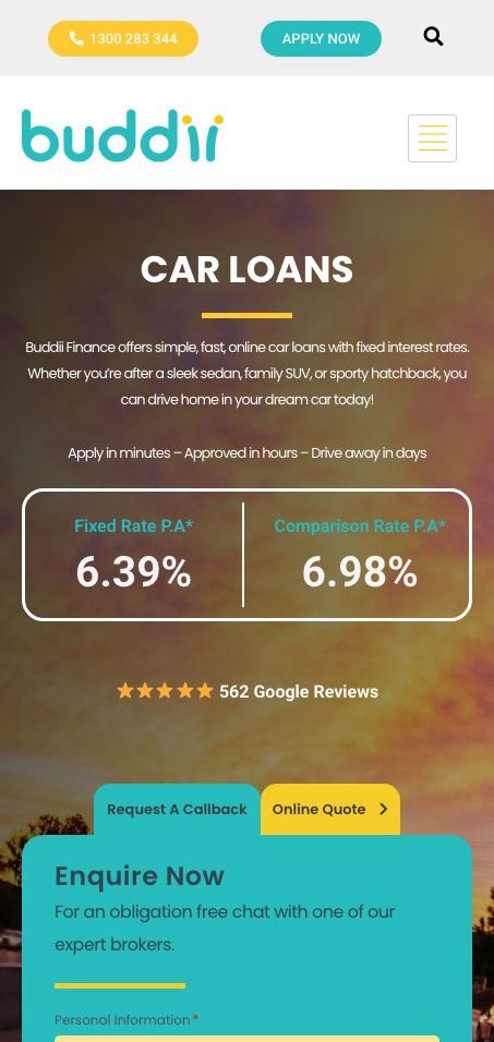 The rebuilt Buddii Finance car loans page on a phone