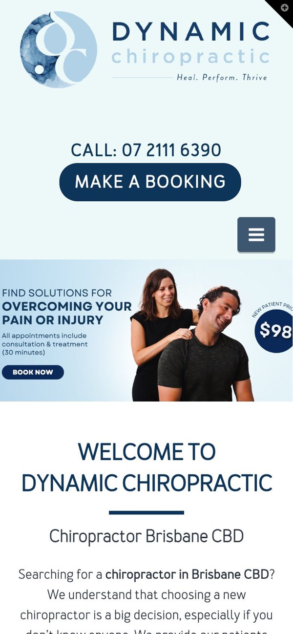 Dynamic Chiropractic homepage on mobile