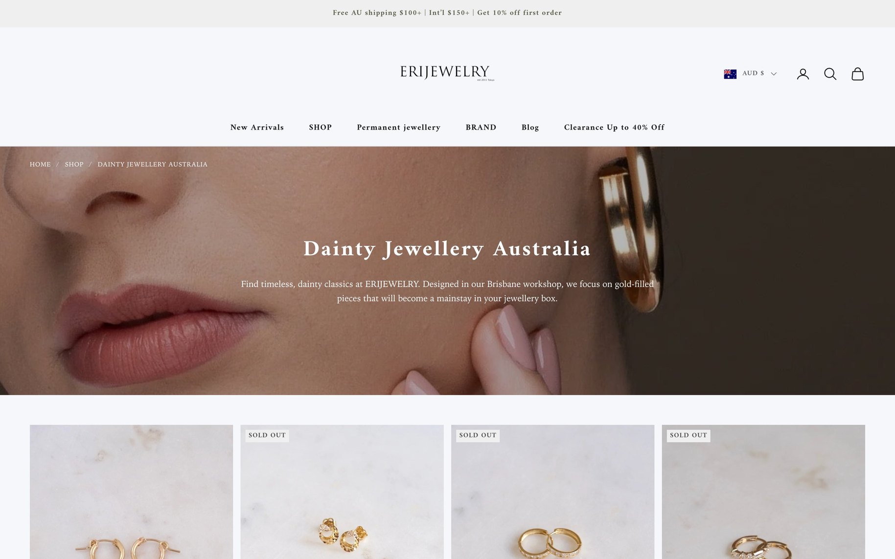 ERIJEWELRY Dainty Jewellery Australia collection page, desktop