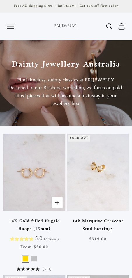 ERIJEWELRY Dainty Jewellery Australia collection page, mobile