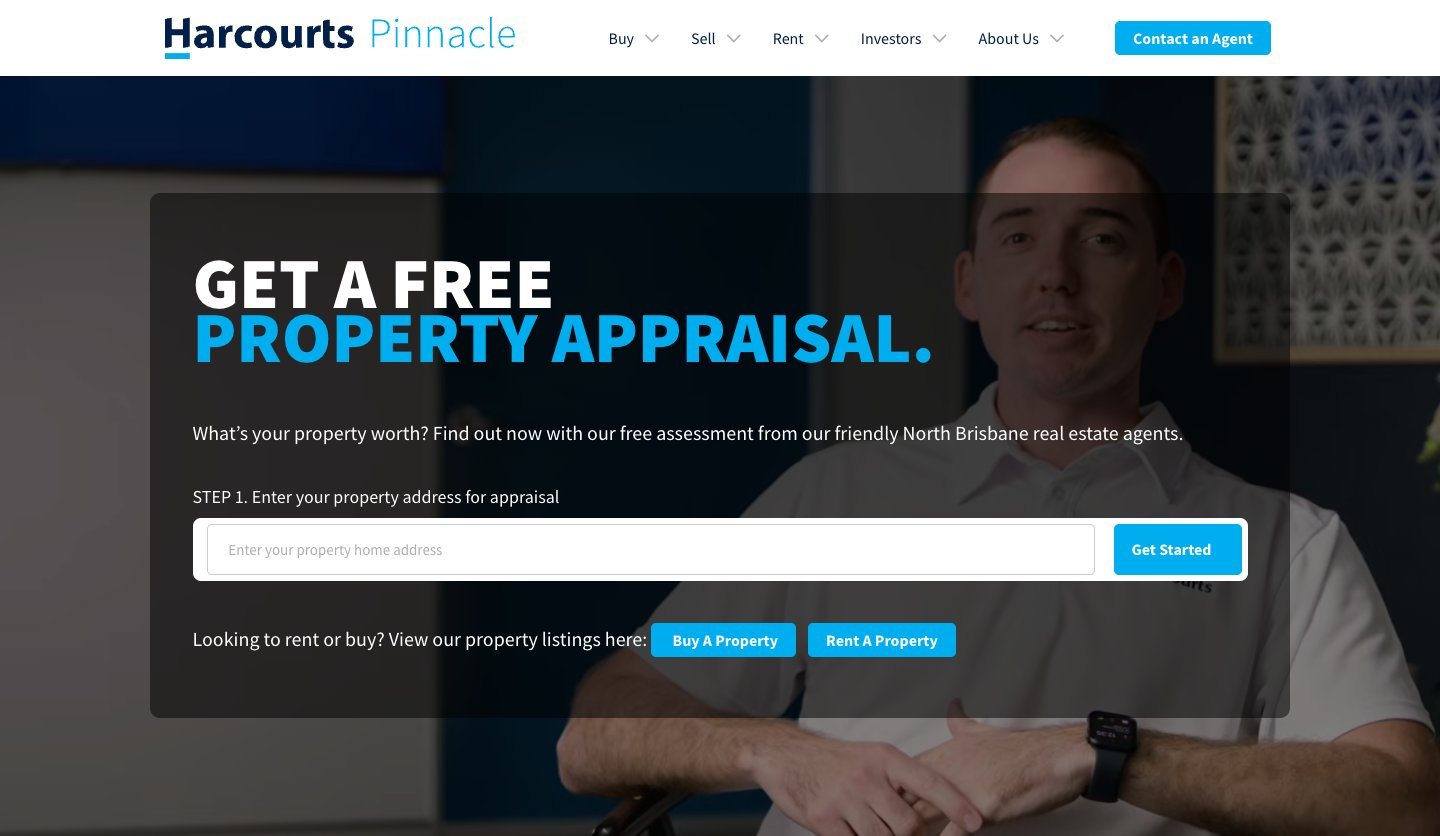 Harcourts Pinnacle rental appraisals Aspley page on desktop