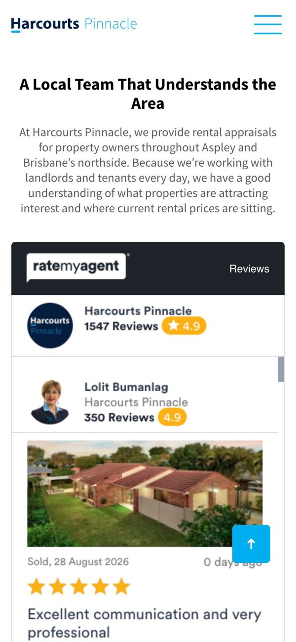 Harcourts Pinnacle rental appraisals Aspley page on mobile