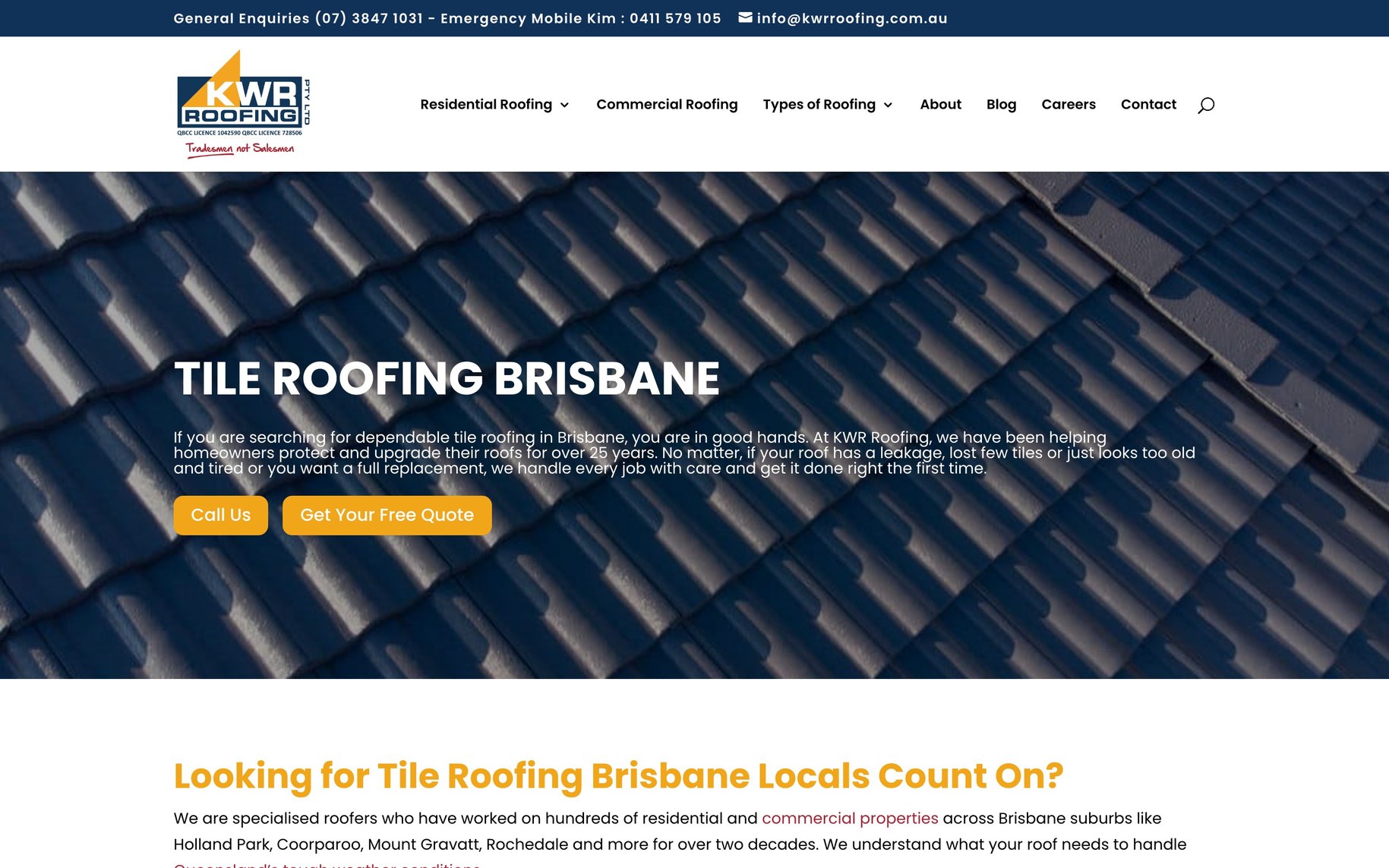 KWR Roofing tile roofing Brisbane page, desktop