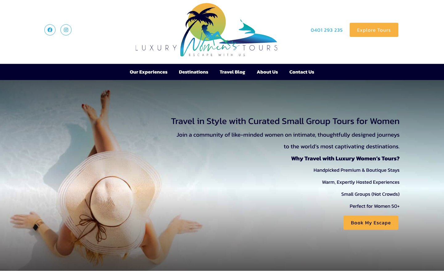 Luxury Women's Tours website homepage