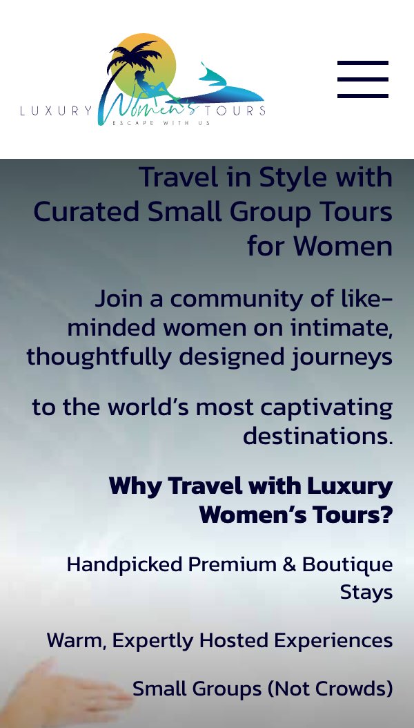 Luxury Women's Tours homepage on mobile