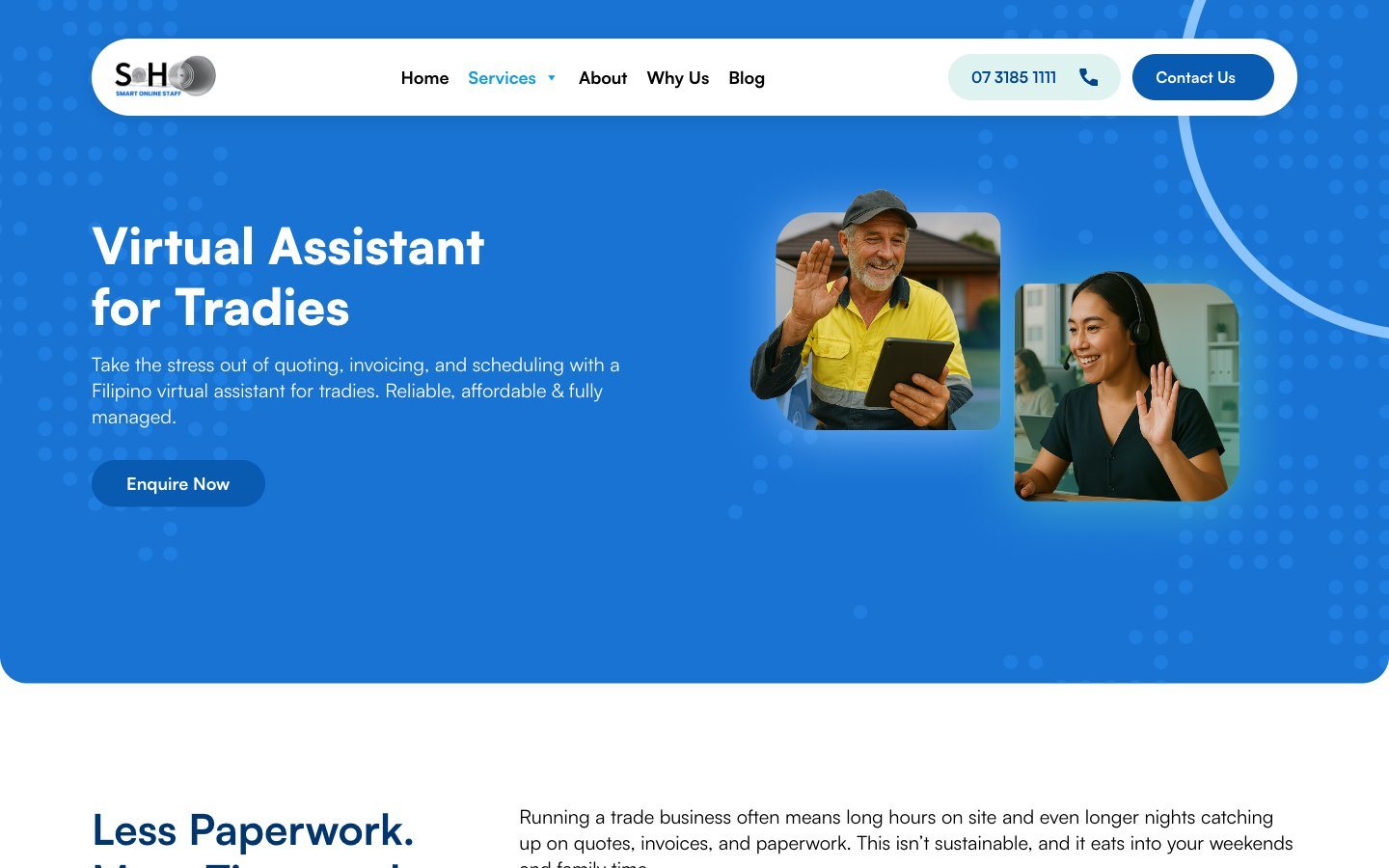 Smart Online Staff virtual assistant for tradies page on desktop