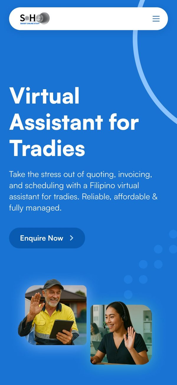 Smart Online Staff virtual assistant for tradies page on mobile