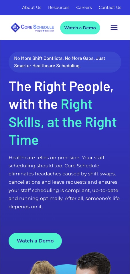 Core Schedule homepage, mobile
