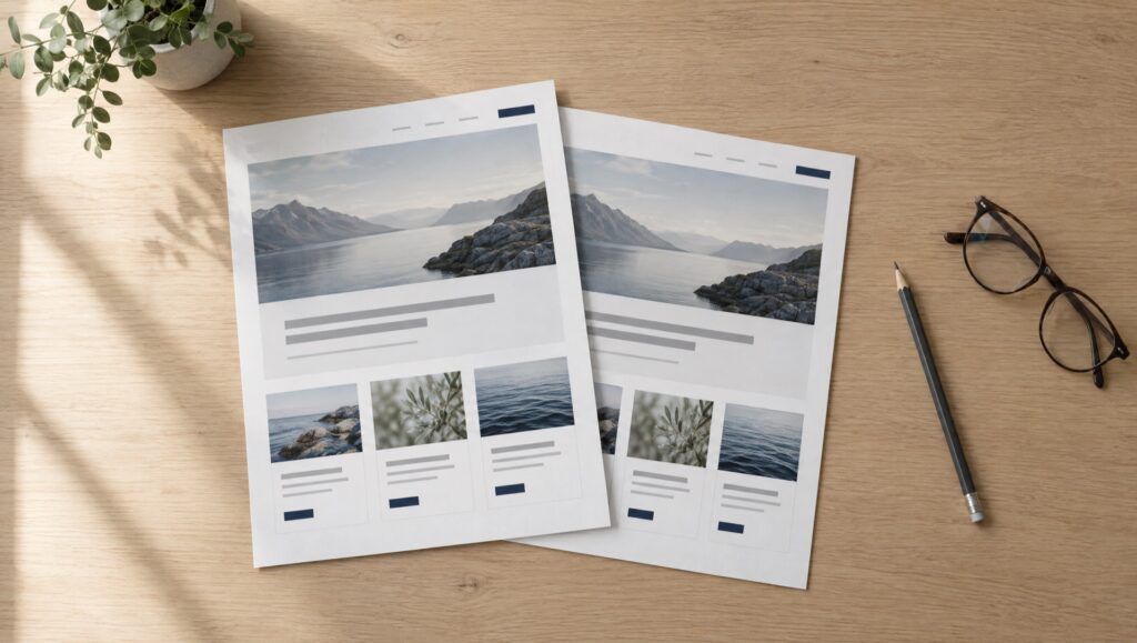 Two near-identical printed website page layouts side by side on a desk