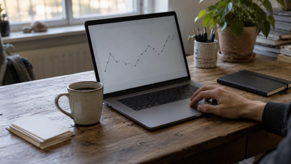 Marketing attribution report showing a lead trend chart on a laptop