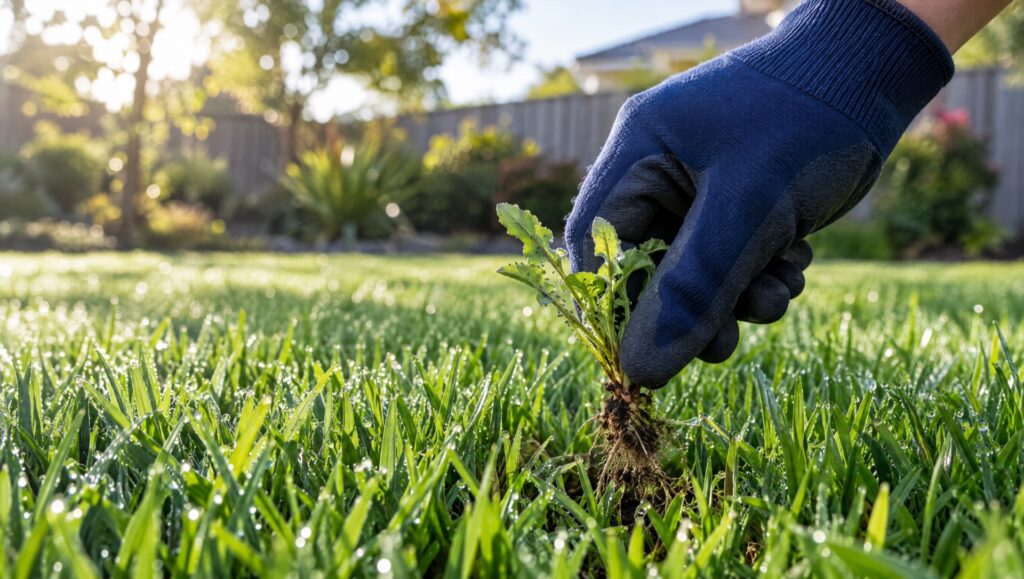 Gloved hand pulling a single weed out of an otherwise healthy green lawn